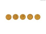 a group of five gold coins sitting on top of a white surface