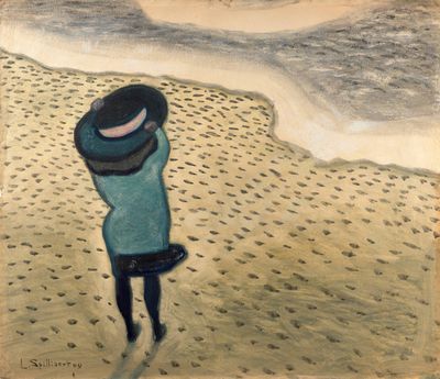 un tableau représentant une personne marchant sur la plage