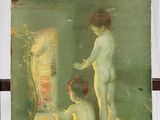 une photo d'un tableau posé sur un chevalet, représentant une femme et un enfant