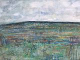 an image of a painting of a field with a fence in the foreground