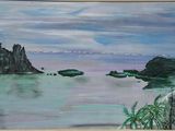 a picture of a painting of a beach with rocks in the water