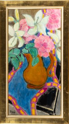 une peinture à l'huile représentant des fleurs dans un vase sur une table