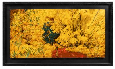 painting of yellow trees in a field with a red fire hydrant in the foreground