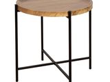 une table ronde en bois avec des pieds en métal et un plateau en bois