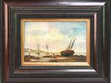 un tableau représentant un bateau sur la plage, avec d'autres bateaux dans l'eau