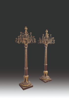 pair of antique brass and marble candelabs