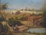 peinture représentant un tableau représentant un paysage avec un homme et une femme assis sur un cheval