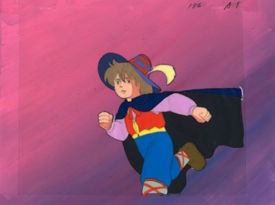 cellule d'animation représentant un jeune garçon vêtu d'un costume et d'un chapeau