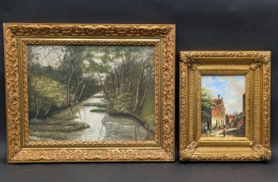deux tableaux encadrés représentant une scène champêtre avec une rivière au premier plan et un village à l'arrière-plan