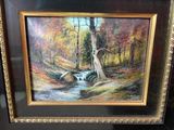 painting of a stream in a wooded area with trees and rocks
