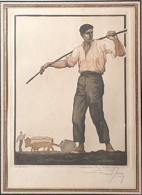 un dessin représentant un homme avec un bâton et un chien