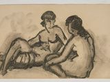 drawing of two women sitting on a couch, one of them is holding a cigarette