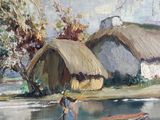 a painting of a person in a boat on the water