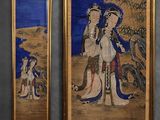 two framed paintings of a man and a woman on a horse