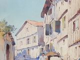 a painting of a horse and buggy on a street