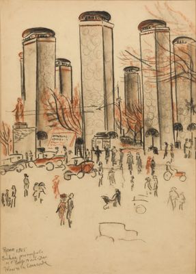 une image représentant un dessin d'une ville avec de grands immeubles et des personnes