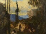 une image représentant un tableau où l'on voit un homme et une femme dans un environnement boisé