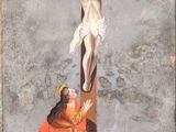 an image of a painting of jesus on the cross with a woman kneeling beside him