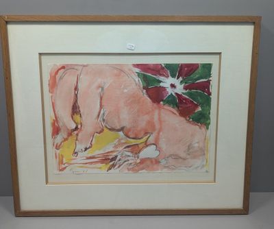 tableau représentant une femme nue allongée, une fleur posée sur ses genoux