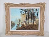 painting of a landscape with trees and a lake in the background