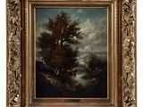 a painting of a landscape with trees and a river in the foreground