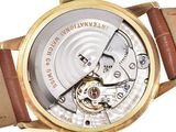 a close up of a watch with a brown strap