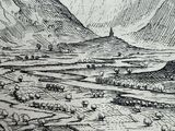 drawing of a view of a town with a mountain in the background