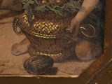 a painting of a woman holding a basket of fruit