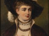 portrait d'une dame vêtue d'une robe noire et blanche et coiffée d'un grand chapeau