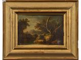 an oil painting of a landscape with sheep in a wooded area
