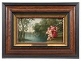 a painting of a woman and child in a wooded landscape