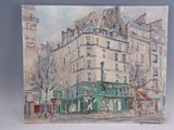 an oil painting of a building on a city street with people walking by
