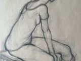 drawing of a woman sitting on a stool with her legs crossed