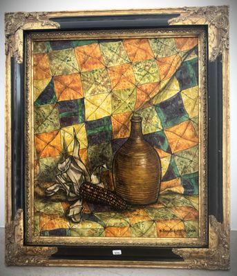 an oil painting of a vase and some flowers on a table