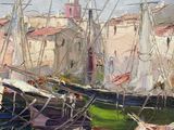 painting of boats docked in a harbor with buildings in the background