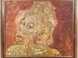 an oil painting of a woman holding a baby in her arms