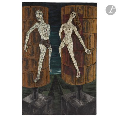 painting of two nudes standing in front of a barrel of wine
