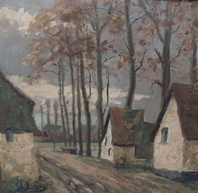 tableau représentant une route de campagne avec des maisons et des arbres en arrière-plan