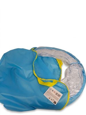 the blue and yellow cover is on top of a blue bag