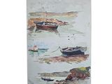a painting of boats floating in the water on the shore