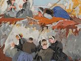 une peinture à l'huile représentant un groupe de personnes assises au sommet d'une montagne