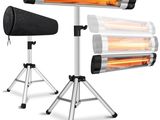 a pair of portable heaters sitting on top of a tripod