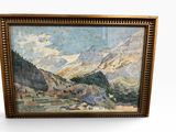 une peinture représentant une scène de montagne avec une rivière au premier plan