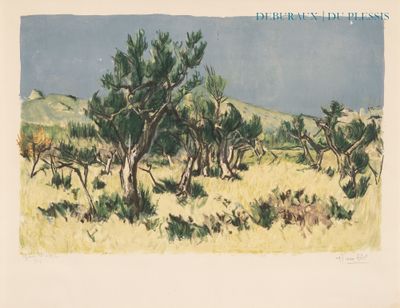 l'image d'une peinture d'un champ avec des arbres en arrière-plan