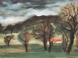 a painting of a field with trees and a barn in the distance
