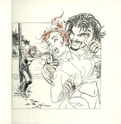 dessin représentant un homme tenant une femme dans ses bras sous le regard d'un autre homme
