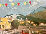 a painting of boats in a harbor with a mountain in the background