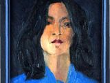 painting of a woman in a blue shirt in a black frame