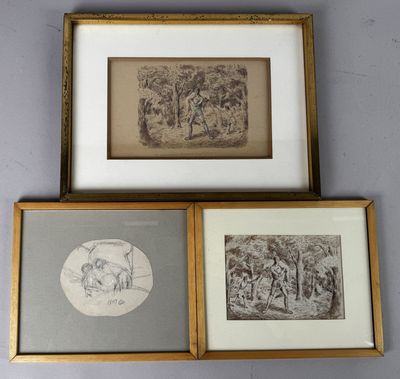 three framed drawings of a man and woman in a forest