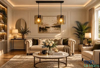 a living room with a couch, chair, coffee table, and lamp in it
